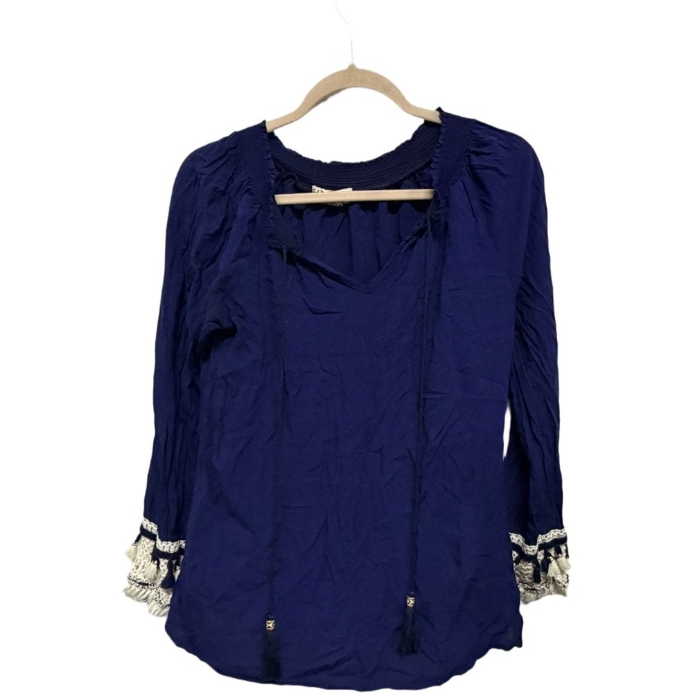 Studio West Navy Boho Peasant Blouse Medium Embroidered Tassel Tie Bell Sleeve